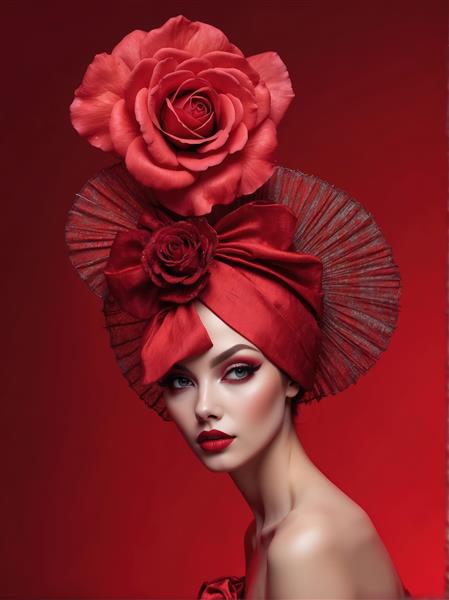 تابلو دکوراتیو پرتره زن با عمامه ابریشمی قرمز و گل رز بزرگ برای دکوراسیون