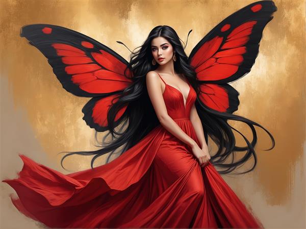 پوستر زن پری‌مانند با بال پروانه قرمز و لباس مجلسی برای چاپ در ابعاد بزرگ