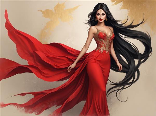 طرح گرافیکی زن شیک‌پوش با لباس قرمز در حال حرکت و موهای بلند برای دکوراسیون