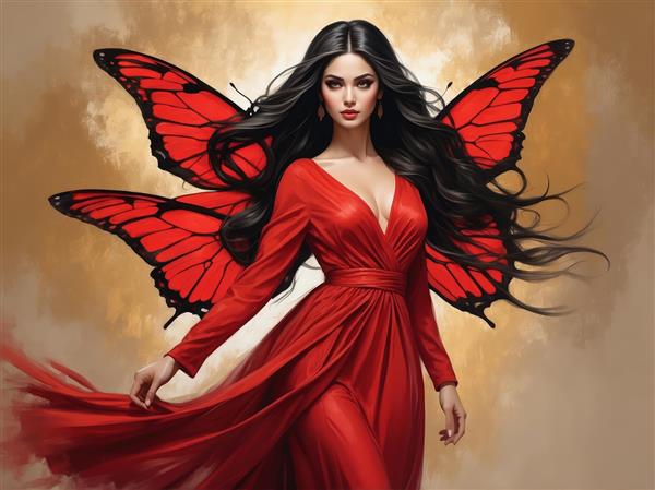 تصویر اورجینال زن زیبا با بال پروانه قرمز و لباس شب برای چاپ عریض و تابلو