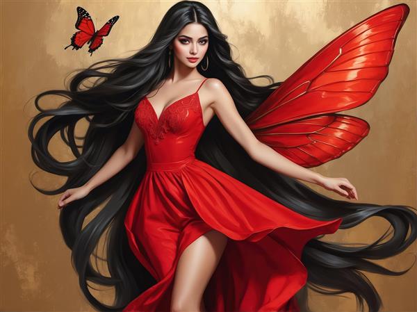 عکس باکیفیت پری زن بالدار قرمز با موی مشکی رها برای پوستر و تابلو دکوراتیو