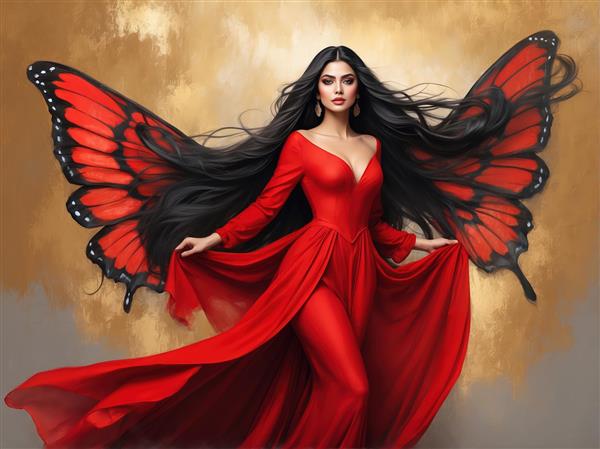 عکس عریض زن پری‌مانند با بال‌های پروانه و پیراهن بلند قرمز برای تابلو