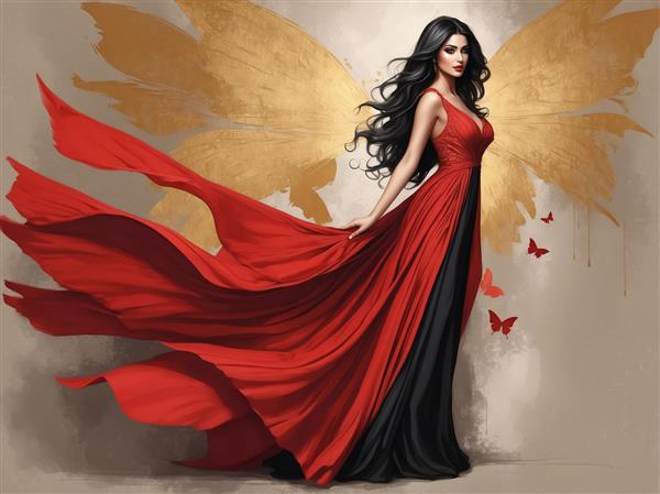 پوستر دیواری زن در لباس شب قرمز و مشکی با بال‌های طلایی انتزاعی