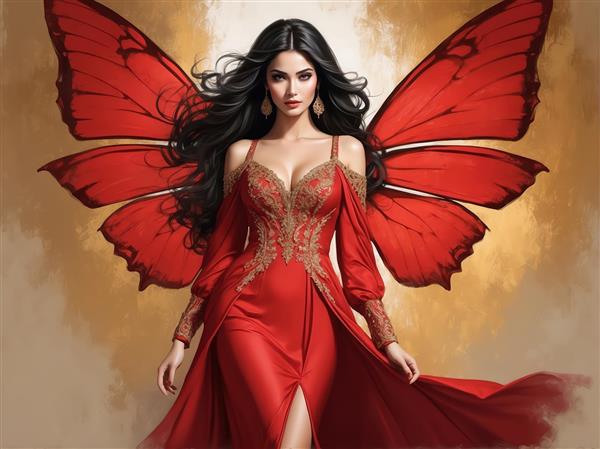 تصویر باکیفیت پری زن جذاب با بال‌های بزرگ قرمز برای طراحی پوستر و چاپ