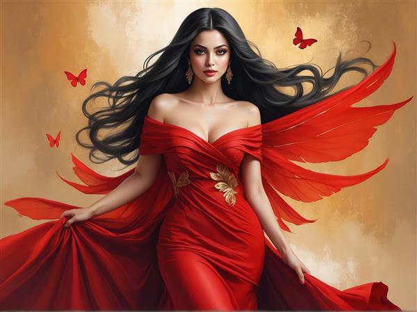 تابلو دکوراتیو زن فرشته‌گون با لباس قرمز مجلسی و بال‌های انتزاعی برای چاپ