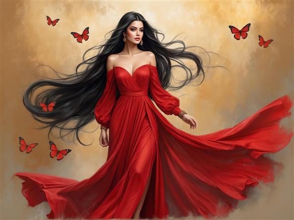 عکس اورجینال زن زیبا با لباس قرمز و پروانه‌های رها در پس‌زمینه طلایی
