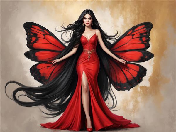 پوستر باکیفیت پری پروانه زن با موهای مشکی و لباس قرمز برای دکوراسیون منزل