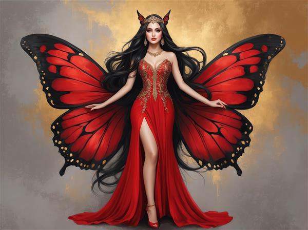 طرح گرافیکی الهه پروانه قرمز با لباس بلند و شاخ برای تابلو دکوراسیون داخلی