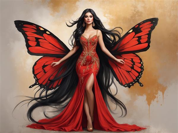 عکس باکیفیت پری فرشته پروانه با لباس قرمز برای پوستر و تابلو دکوراتیو