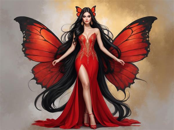 ملکه فانتزی با لباس چاک‌دار و بال‌های پروانه بزرگ، تصویر تبلیغاتی باکیفیت