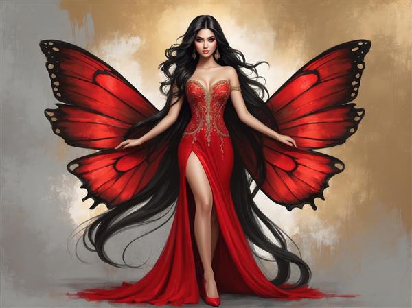 تصویر استودیویی ملکه پروانه با موهای مواج و لباس مجلسی شیک، چاپ