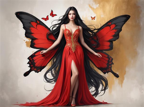 ملکه با موی روان و لباس چاک‌دار قرمز، تصویر فاخر برای گالری و دیوار