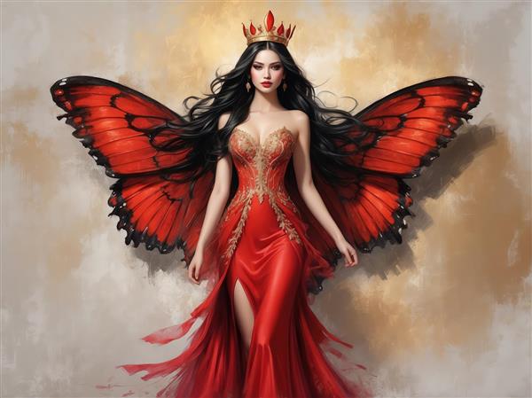 پری بالدار با لباس طلایی و قرمز و تاج، تصویر دکوراتیو با کنتراست رنگی بالا