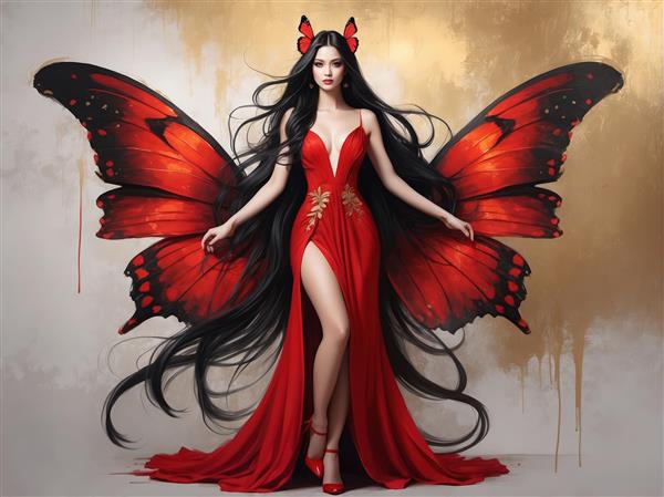 بانوی پروانه با موی بلند مشکی و هدبند پروانه‌ای، مناسب تولید تابلو فانتزی