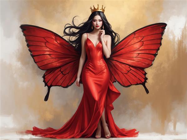 تصویر اورجینال پری پروانه در لباس شب ساتن قرمز، چاپ عریض با تم لاکچری