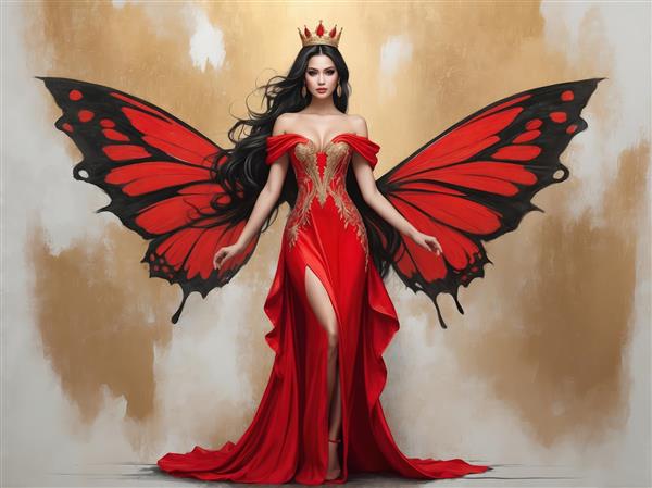 ملکه پریان با لباس دکلته شانه‌افتاده قرمز و طلایی، مناسب چاپ پوستر لوکس