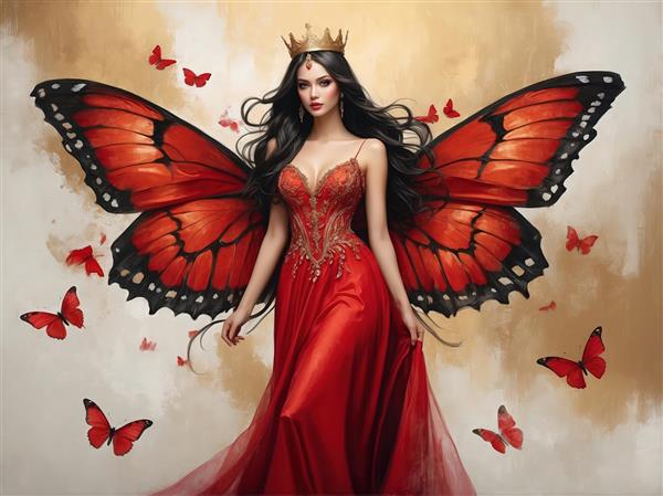 پری پروانه با موی مشکی روان و لباس مجلسی قرمز، تصویر باکیفیت برای دکوراسیون