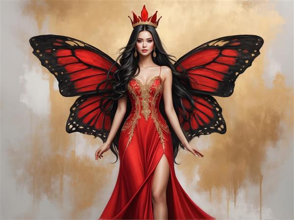 پرتره تمام قد ملکه پریان با لباس چاک‌دار قرمز و طلایی، چاپ با کیفیت عالی