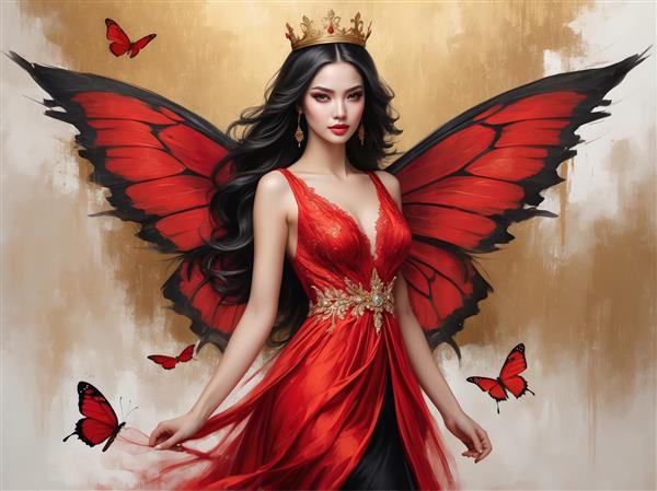 پری با موهای مشکی، بال‌های بزرگ پروانه و لباس قرمز مجلسی، مناسب دکور