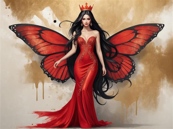 ملکه با موی مشکی بلند و لباس دنباله‌دار قرمز، تصویر فوق‌العاده برای پوستر