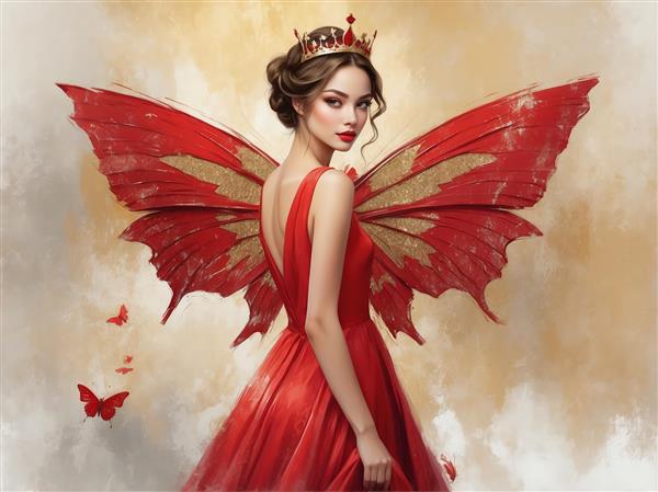 تصویر پشت پری پروانه در لباس قرمز با یقه باز، طراحی دکوراتیو با کنتراست بالا