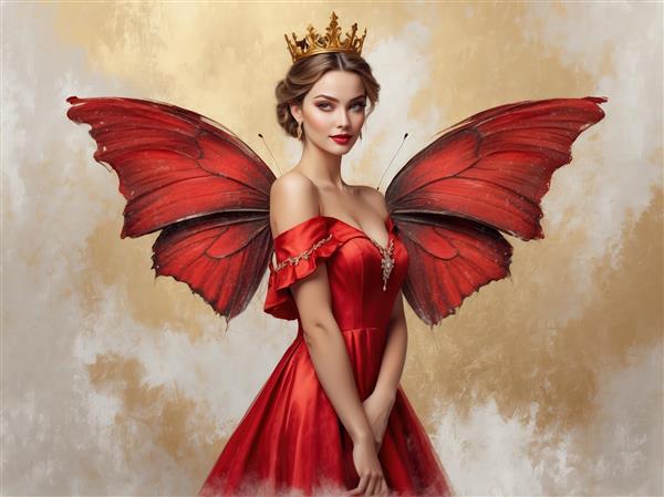 پرتره کلاسیک پری پروانه با موی جمع و لباس مجلسی قرمز، مناسب چاپ عریض