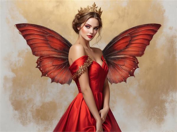 ملکه پریان با لباس دکلته قرمز و تزئینات طلایی، عکس باکیفیت برای تابلو