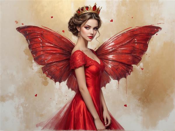 تصویر اورجینال پری پروانه با بال‌های رنگ روغن و لباس مجلسی شانه افتاده