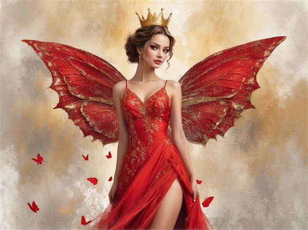 پرتره ملکه پریان در لباس قرمز کارشده و پروانه‌های کوچک، مناسب پوستر لوکس