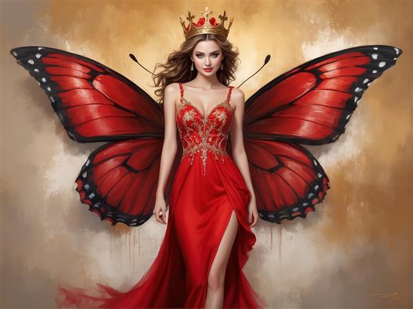 پری سلطنتی با موهای روشن، لباس شب قرمز و بال‌های پروانه مشکی، چاپ دکوراتیو