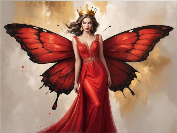 تصویر استودیویی پری پروانه با پیراهن قرمز پولک‌دار و تاج، چاپ فاخر