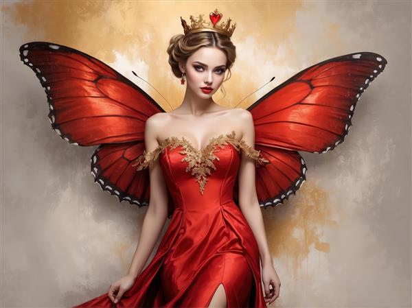 ملکه پریان با لباس شب قرمز کار شده با طلا و بال‌های پروانه بزرگ