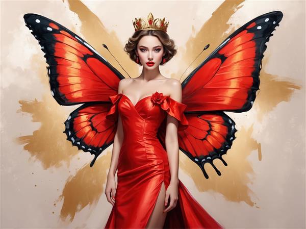 پرتره جذاب پری با لباس ساتن قرمز و بال پروانه، مناسب گالری و دکوراسیون