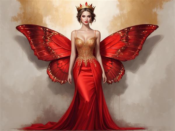 تصویر کامل ملکه پروانه با بال‌های بزرگ و لباس سلطنتی قرمز و طلایی