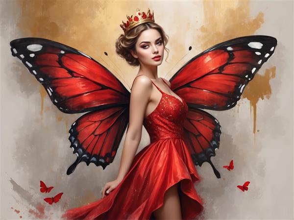 پرتره نیم‌رخ پری پروانه با دامن کوتاه و تاج، مناسب چاپ تزئینی و دکور