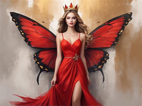 شاهزاده خانم پروانه با موهای بلوند و لباس چاک‌دار قرمز، چاپ عریض