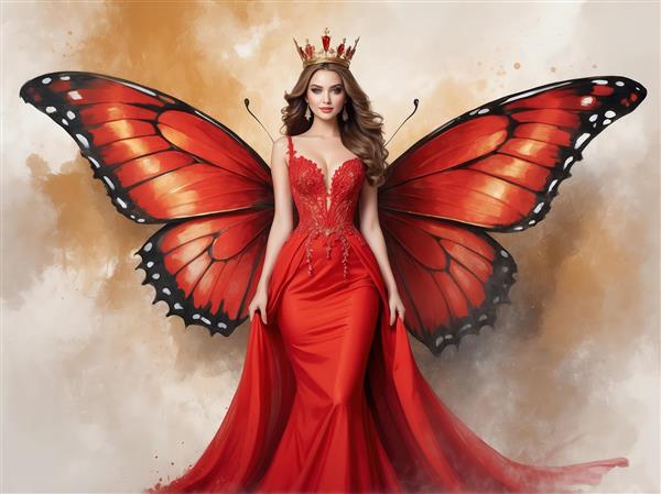 تصویر باکیفیت بانوی پروانه با لباس مجلسی قرمز و طلایی، ایده تابلو دکوراتیو