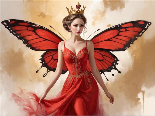 پرتره ملکه پریان با لباس دکلته قرمز و بال پروانه، مناسب چاپ
