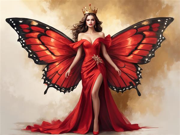 تصویر شاهزاده خانم پروانه با پیراهن شب قرمز، مناسب چاپ