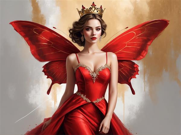 پری بالدار با لباس طلایی و قرمز و تاج، تصویر دکوراتیو با کیفیت بالا