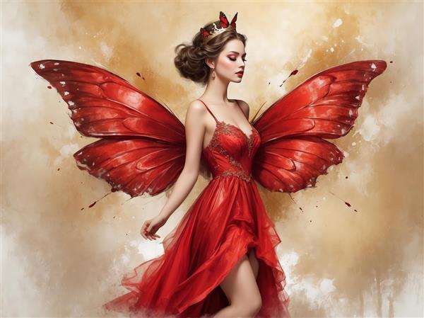تصویر خیره‌کننده بانوی پروانه با لباس مجلسی قرمز، مناسب دکوراسیون