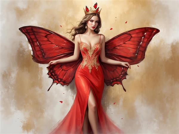 طرح گرافیکی پری سرخپوش با بال پروانه و تاج، مناسب چاپ با رزولوشن بالا