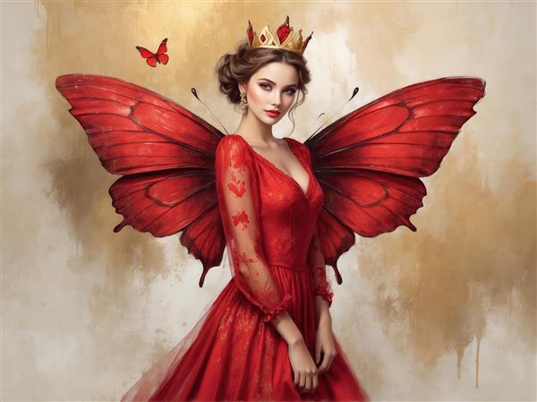 پرتره هنری پروانه پری با پیراهن قرمز و تاج، عکس باکیفیت برای پوستر