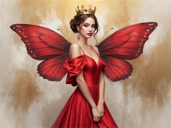 ملکه زیبای پروانه با تاج طلایی و لباس شب قرمز، برای محصولات دکوری