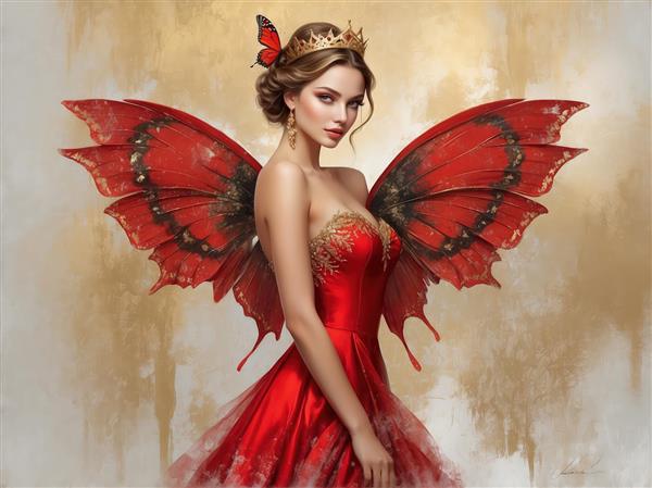 تصویر اورجینال پری پروانه سلطنتی در لباس فاخر قرمز، مناسب چاپ لوکس