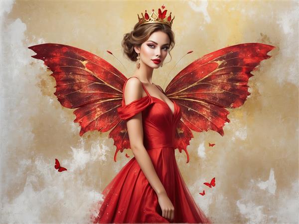 تصویر با کیفیت ملکه پریان بالدار با پیراهن قرمز و تاج، ایده چاپ عریض