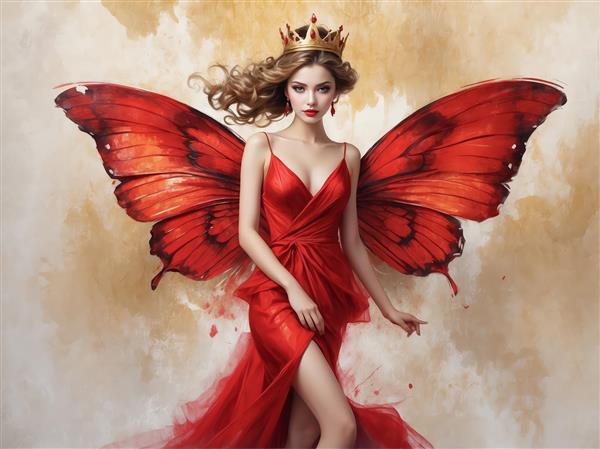 تصویر فانتزی و هنری پری قرمز با لباس بلند و بال‌های پروانه در حال رقص