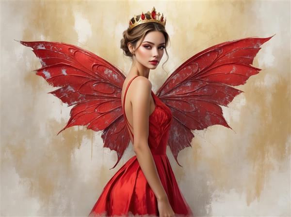 تصویر پری/فرشته با بال‌های پروانه و لباس قرمز در نمای نیم‌رخ در مقابل پس‌زمینه طلایی