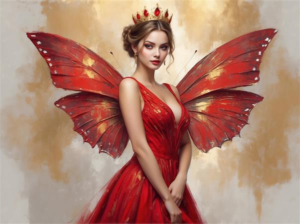 پرتره فانتزی الهه و پری با تاج و بال‌های پروانه قرمز در لباس شب دکلته