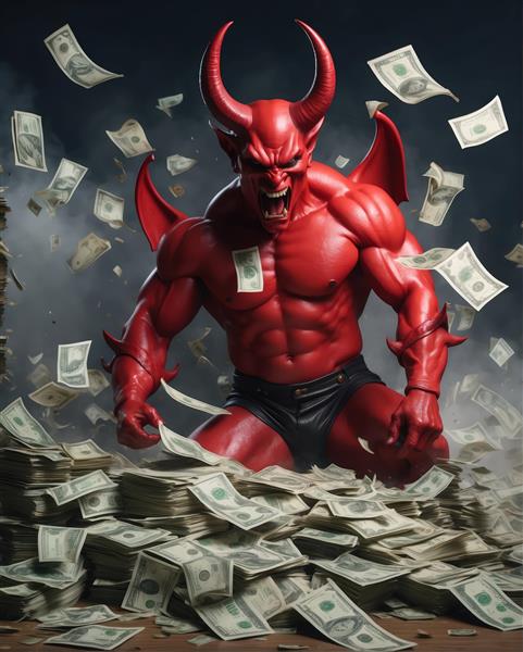 تصویر دراماتیک شیطان قرمز با شاخ و بال غول‌پیکر در میان انبوه پول‌های دلار